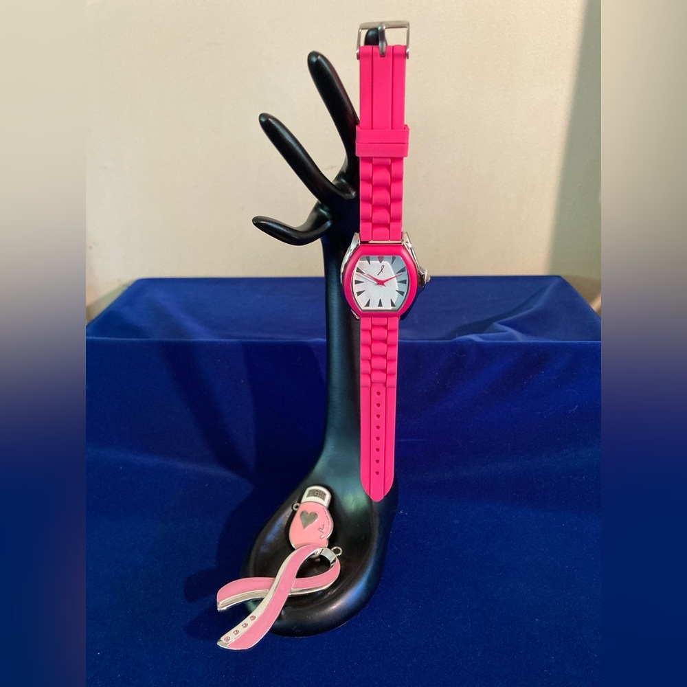 Breast Cancer Hot Pink Watch By Avon And BONUS Pair of Large Charms Fight!